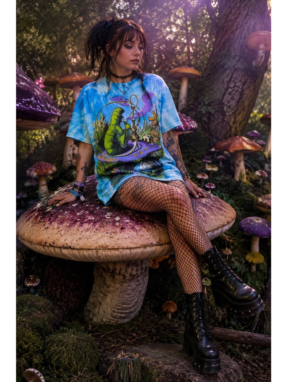 Liquid Blue Alice in Wonderland Caterpillar Tie Dye Graphic T-Shirt Size Small